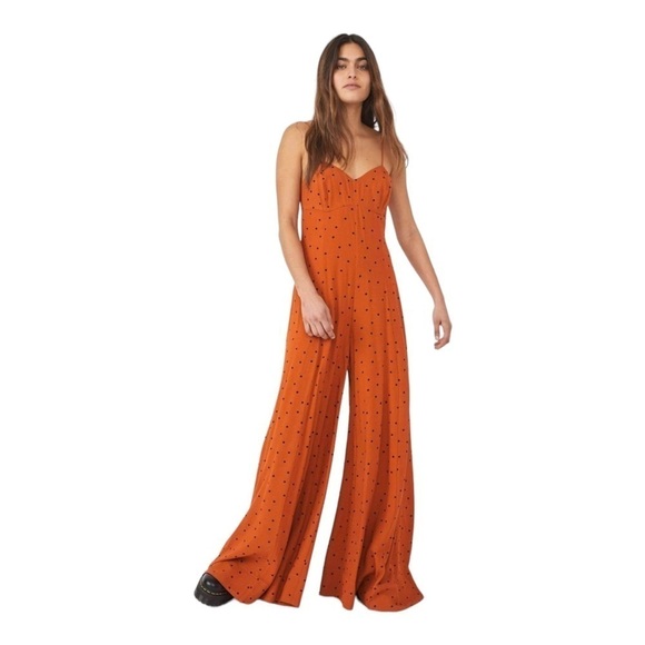 FREE PEOPLE Rust Orange Polka Dot Open Back Wide Leg Jumpsuit XS NEW - Picture 2 of 15